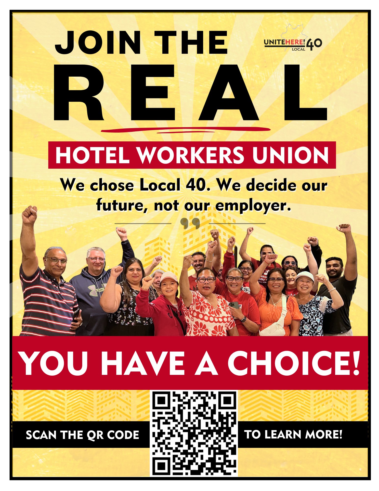 Join the Real Hotel Workers Union yellow flyer